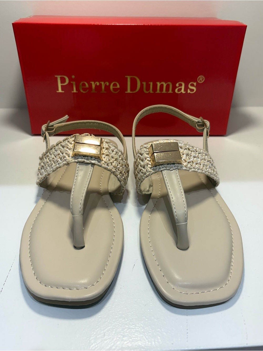 Pierre Dumas Beige Braided Thong Sandals with Gold Accent